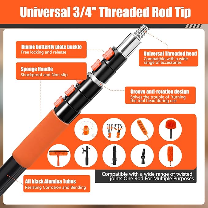 30FT Light Bulb Changer for High Ceilings with 5-24FT Heavy Duty Extension Pole,High Ceiling Ceiling Fan Cleaner Duster Kit for Home & House High Window, Interior Roof Window Cleaning Orange