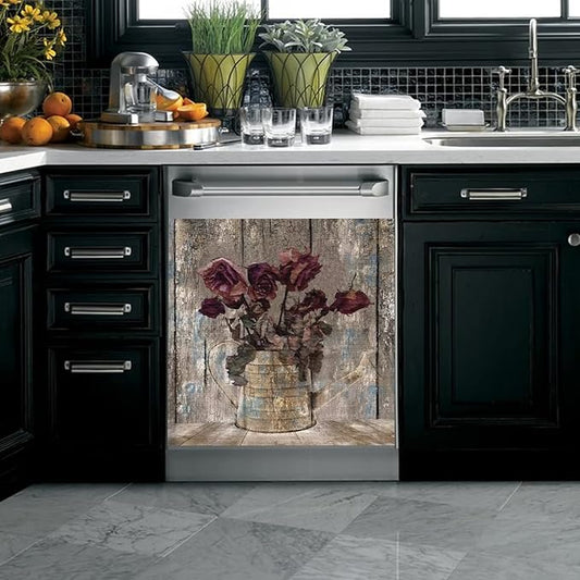 Retro Farm Wood Dishwasher Cover Door Decorative,Retro Rose Dishwasher Magnet Cover Front Sticker,Vintage Farm Floral Dishwasher Decal Home Appliance Panel Stickers 23"x17"