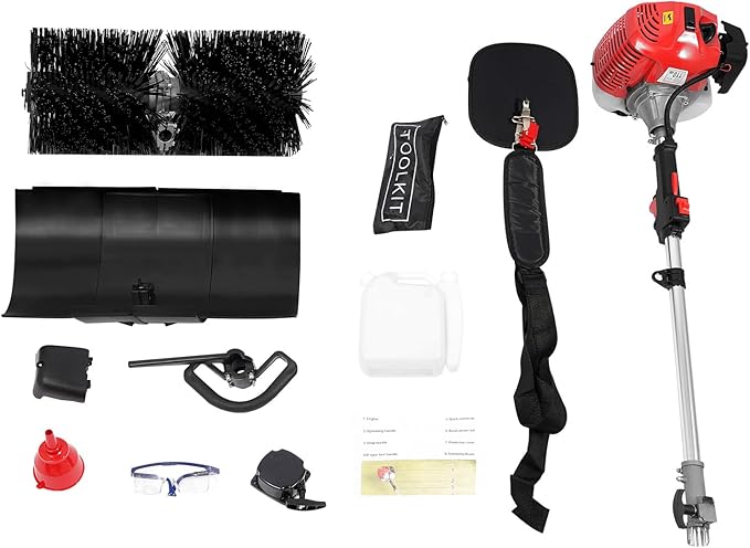 52CC 2 Stroke Gas Handheld Sweeper, 2.3HP Power Outdoor Backpack Broom Lawn Sweeper w/Manual Puller&Air Filter, Side-Mounted Snow Sweeping Broom for Driveway Street Turf Snow Artificial Grass Cleaning