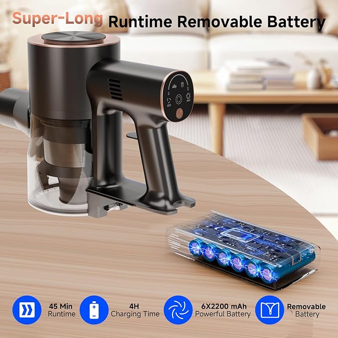 Cordless Stick Vacuum Cleaner - 45KPA Powerful Suction Vacuum with 45 Min Runtime, Detachable Battery, Anti-Tangle & 1.5L Dust Cup, 8 in 1 Vacuum Cleaner for Pet Hair, Carpet, HardFloor, Gold