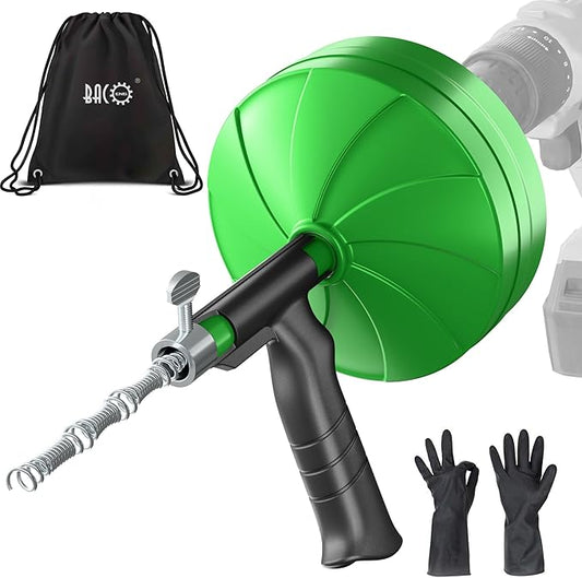 BACOENG 33Ft Drain Auger, Heavy Duty Plumbing Snake with Drill Adapter, Use Manually or Powered for Drain Clog, Shower Sink, Comes with Gloves and Bag (Green)