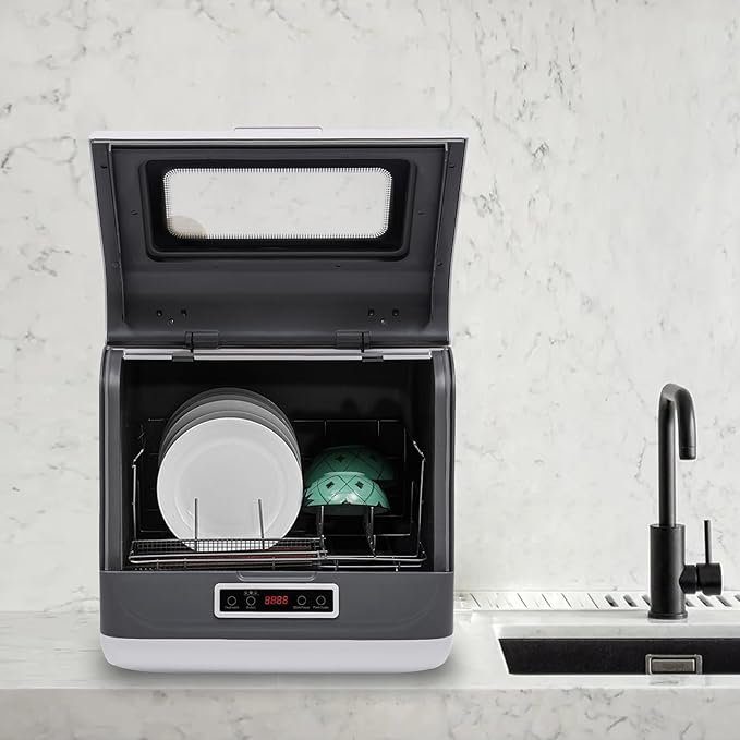 Portable Countertop Dishwasher, 4 Washing Programs Mini Dishwasher 360° Rotating Spray Dish Washing Machine for Home, Apartments & RV, Vegetables & Fruits, Fast/Standard/Strong (White)