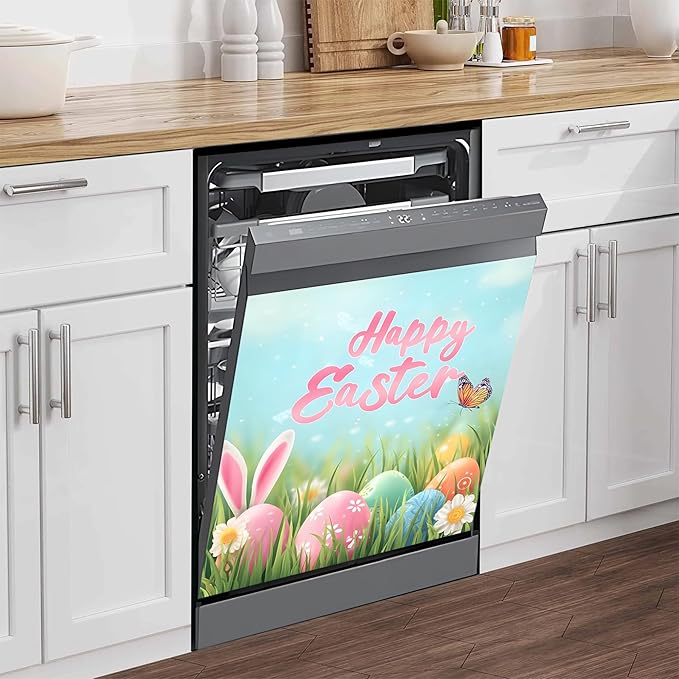 NYZE Easter Dishwasher Magnets Cover, Bunny Dishwasher Magnetic Sticker Decorative, Reusable Dish Washer Cover for Dishwashers (Happy Easter)