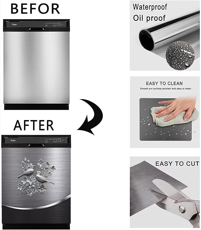 Grey Metal Silver Pattern Dishwasher Cover Sheet Magnetic Bird Flower Polishing Steelbird Dishwasher Skin Decor Silver Texture 23X17 INCH Magnet Rerigerator Wrap Kitchen Panel Full Decal