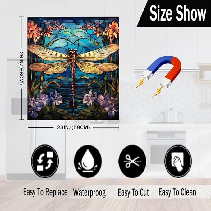 Dragonfly Dishwasher Magnet Cover, Stained Glass Window Home Magnetic Appliance Panel Decal, 23" W x 26" H, 1 Count