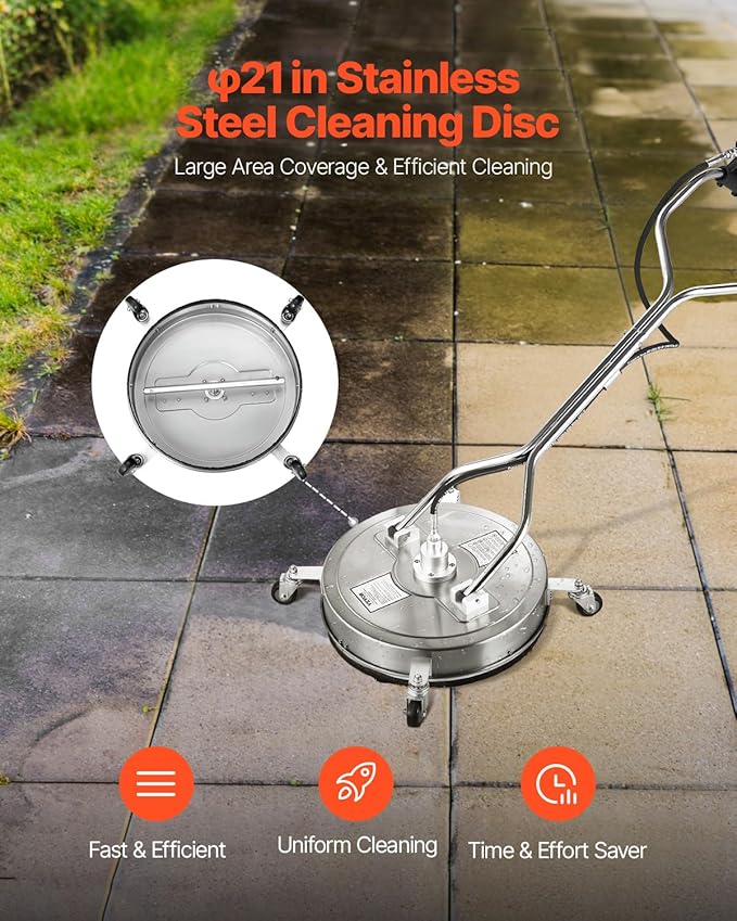 VEVOR 21" Pressure Washer Surface Cleaner, Stainless Steel Pressure Washer Attachments with 4 Wheels, 4500 Max PSI, 3/8 Quick Connector, 2 Spray Nozzles, Dual Handle, for Concrete, Patio, Sidewalk