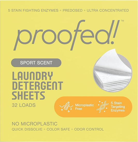 Proofed! Laundry Detergent Sheets, 32 Count, Sport Scent, The Only 100% Plastic-Free Sheet, No PVA or PVOH, Hypoallergenic, Bio-Based Ingredients, Made in USA, 1 Box