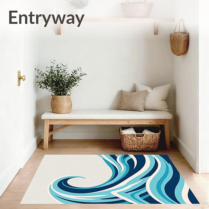 Flatwoven High Traffic Area Rug 8, Driftwood Lighthouse Wave Ocean Theme Bathroom, Non Slip, Stain Resistant, Washable Area Rugs for Living Room, Bedroom (Dark Blue, 8)