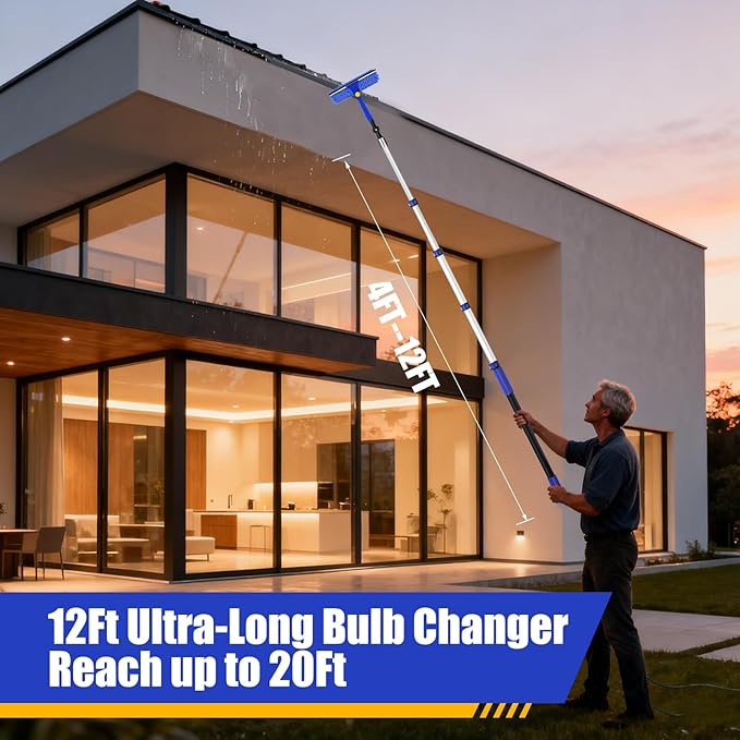 20FT Light Bulb Changer for High Ceilings with 5-12FT Heavy Duty Extension Pole,High Ceiling Ceiling Fan Cleaner Duster Kit for Home & House High Window, Interior Roof Window Cleaning Blue