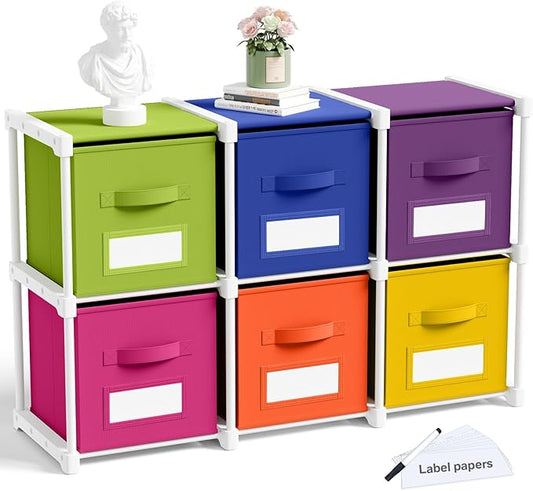 Geelin 6 Sets Cube Storage Organizer Bins with Shelf & Labels 11 Inch, Fabric Collapsible Cubby Toys Clothes Storage Drawer Unit for Daycare Nursery Playroom Bedroom Dorm Organizer (Rainbow)