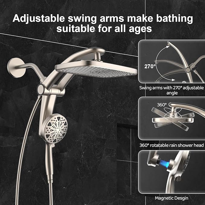 Rain Shower Head with Handheld High Pressure rainfall Shower Heads with Handheld Spray Combo Adjustable one-piece stand daul shower head Built-in Magnetic Docking and Power Jets