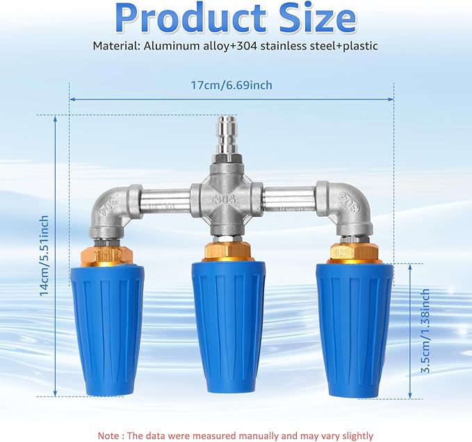 3 in 1 Pressure Washer Nozzle 360° Rotating 4000 PSI with 1/4" Quick Connector Pressure Washer Tip Turbine Nozzle Time Saving Triple for Cleaning Driveways Walls Decks