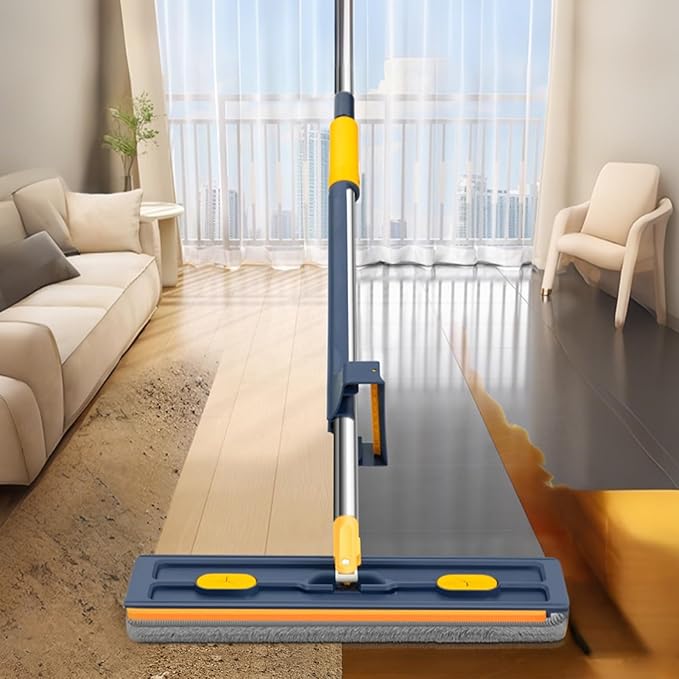 Flat Mop - Household Floor Cleaning System, Extra Wide with Extendable Handle for Hardwood Tile Vinyl, Reusable Microfiber Pads with 360° Rotation, Multi Tool for Home Garage Office Blue