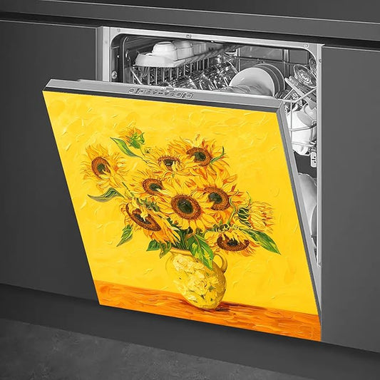 Dishwasher Magnet Cover 23x26 in Sunflower Vase Texture Artwork in Yellow and Green Dishwasher Cover for Kitchen Appliance Decoration Front Panel Sticker Rustic Art Skin Panel Home Decor