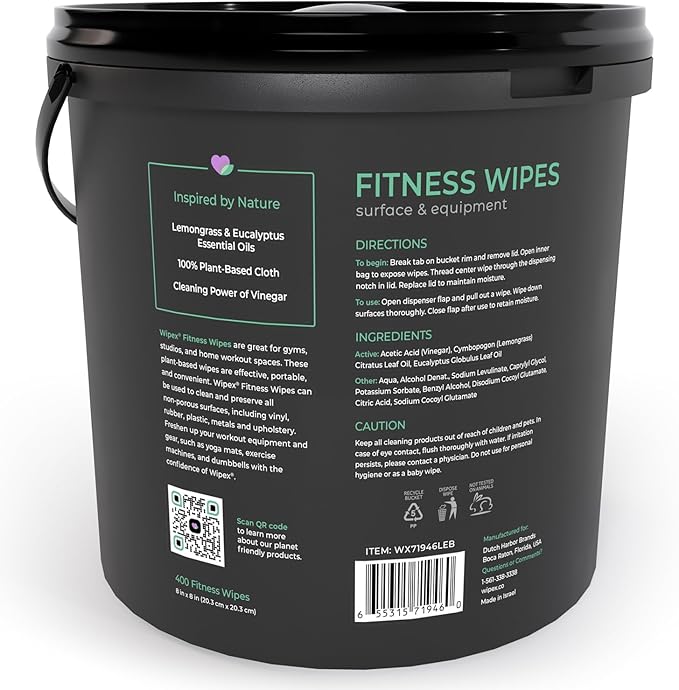 Wipex Gym Plant-Based Wipes, EWG Verified, Natural Surface & Equipment Cleaning with Lemongrass, Eucalyptus & Vinegar for Home or Fitness Studio, Yoga Mats, Peloton Bikes, 400 Count (Pack of 2)