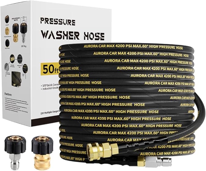 AURORA CAR Pressure Washer Hose 50FT with 3/8 Inch Quick Connect, Kink Resistant High Tensile Wire Power Washer Hose, Industry Grade for Power Washer Hose with 2 pcs M22 14mm Adapter Set,4200 PSI