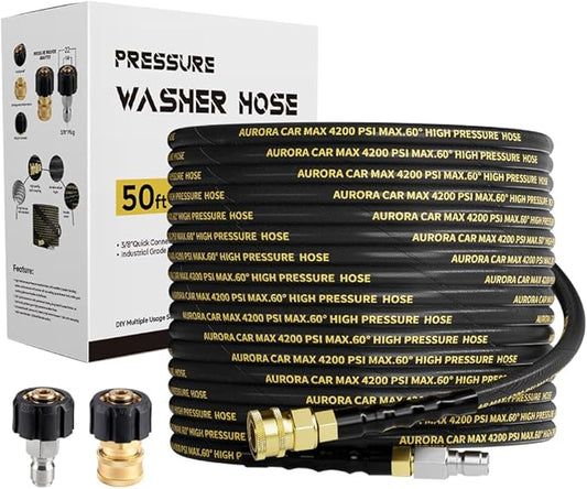 AURORA CAR Pressure Washer Hose 50FT with 3/8 Inch Quick Connect, Kink Resistant High Tensile Wire Power Washer Hose, Industry Grade for Power Washer Hose with 2 pcs M22 14mm Adapter Set,4200 PSI