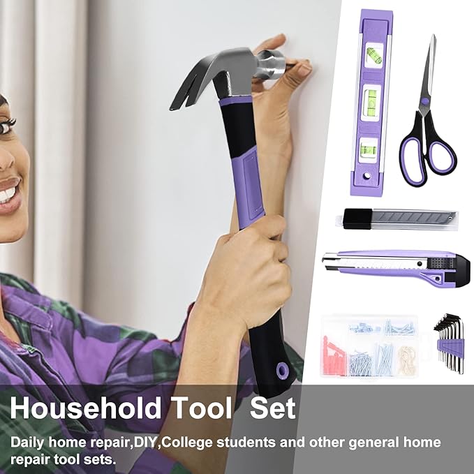 Purple Tool Set,223-Piece Tool Sets for Women,Tool Kit with 13-Inch Wide Mouth Open Purple Tool Bag,The Basic Tool Set is Perfect for Home Maintenance (PURPLE)