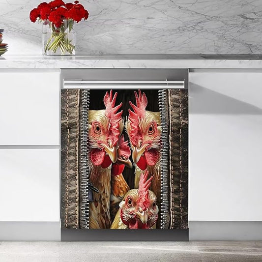 Wood Board and Rooster Pattern Dishwasher Magnet Cover,Fridge,Refrigerator Magnetic Panel Decals,Home Appliances Cabinet Magnets Sticker 23W x 26H inchs