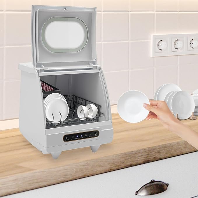 Portable Countertop Dishwasher, Mini Dishwasher, Full Panel Control Dish Washing Machine Portable Compact Dish Washing 5 Wash Programs of 2-6 Sets Dishes with 360° Spray Arms for Small-Sized Houses