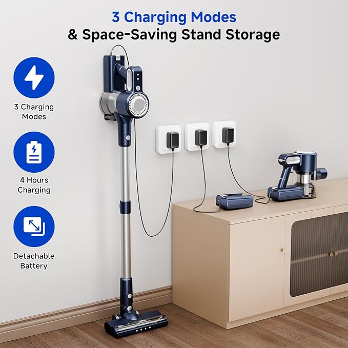 Cordless Vacuum Cleaner for Home: 6-in-1 Stick Vacuum with Powerful Suction, Rechargeable, Anti-Tangle Pet Hair Brush, Green LED Headlight Vacuum for Carpet & Hardwood Floors-Dark Blue