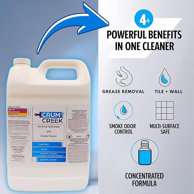 Smoke Cleaner Wall Wash, Multipurpose Degreaser for Walls and Smoke Damage, Non-Rinse, Grease and Odor Remover, Hard Surface Cleaner. 1 Gallon (4, 512 fluid ounces)