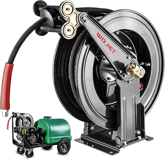WOJET Pressure Washer Hose Reel 50 ft x 3/8 in, Retractable Hose Reel for Water/Air/Oil, Heavy Duty Hose Reel in Steel, Power Washer Reel with Dual Arm, Auto Rewind, Max 4000PSI (Without Hose)
