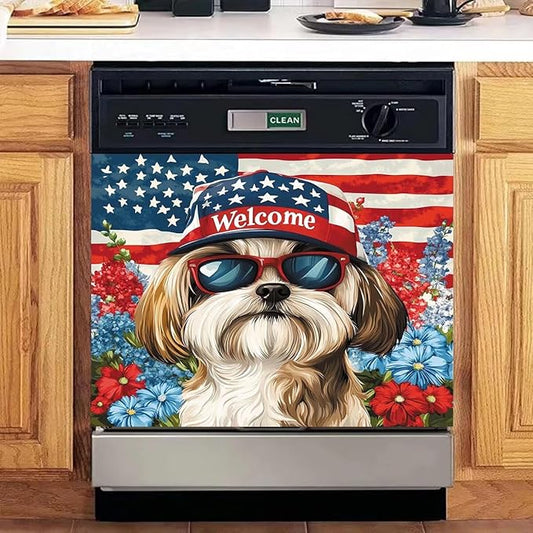 American Flag Pet Dogs Magnetic Sticker Dishwasher Cover Kitchen Decor, 23x17inch Floral Dishwasher Magnet Cover, Patriotic Dishwasher Decal, Refrigerator Panel,Magnetic Dishwasher Sticker