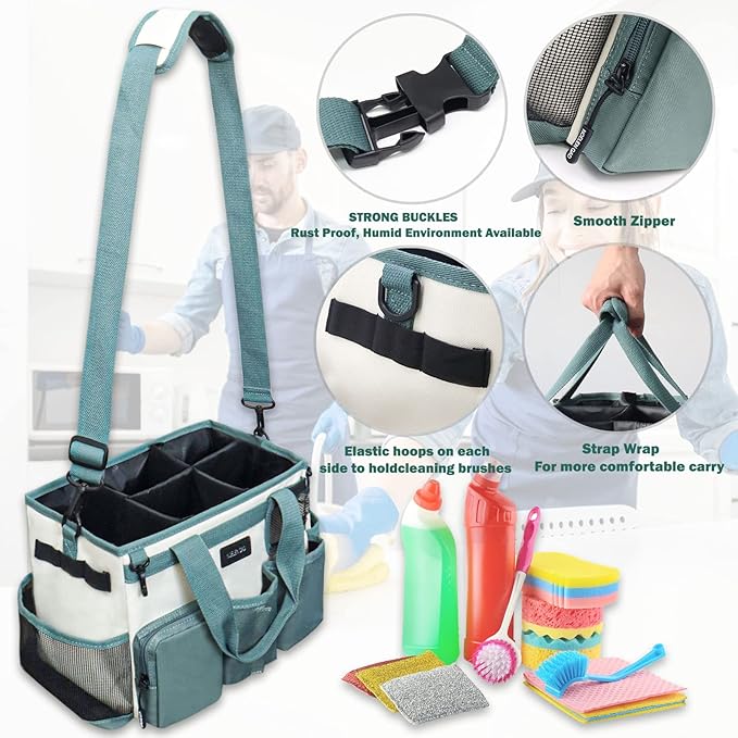 Wearable Cleaning Caddy Bag,Cleaning Supply Tote for Cleaning Supplies, Cleaning Organizer with Adjustable Shoulder and Waist Straps for Cleaners & Housekeepers (Large, Green White)