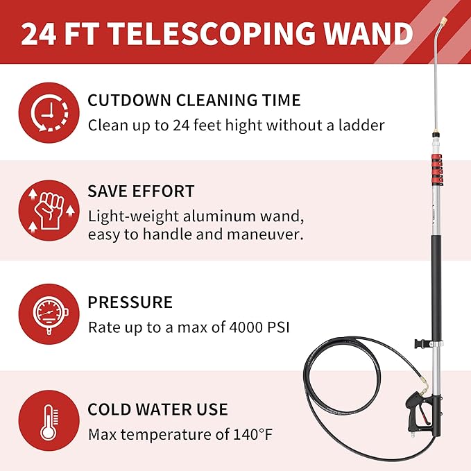 24 FT Telescoping Pressure Washer Wand - Gutter Cleaner Attachment with Power Washer Extension Wands, 7 Spray Nozzle Tips, 3 Hose Adapters, Brush and Support Belt