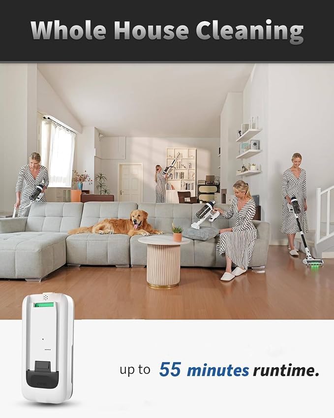Cordless Vacuum Cleaner, 55Mins Vacuum Cleaners for Home, 15-in-1 Self-Standing Stick Vacuum with LED Light, Anti-Tangle & Wall Mount Charge, Lightweight Vacuum for Hard Floors Carpets Pet Hair