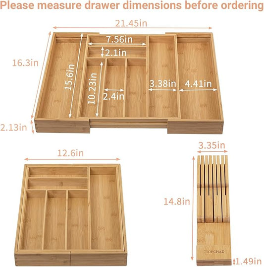 Bamboo-Silverware-Drawer-Organizer-Kitchen, Expandable Utensil Holder Cutlery Tray Flatware Organization Adjustable Wood Tableware Dividers Storage (with Removable Knife Block)(Natural)