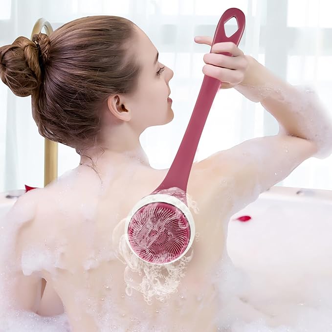 Electric Body Scrubber Silicone Bath Brush Rechargeable Waterproof Back Scrubber with Long Handle for Showering and Dead Skin Removal, 5-in-1 Skin Cleaning Tool for Home Bath Use