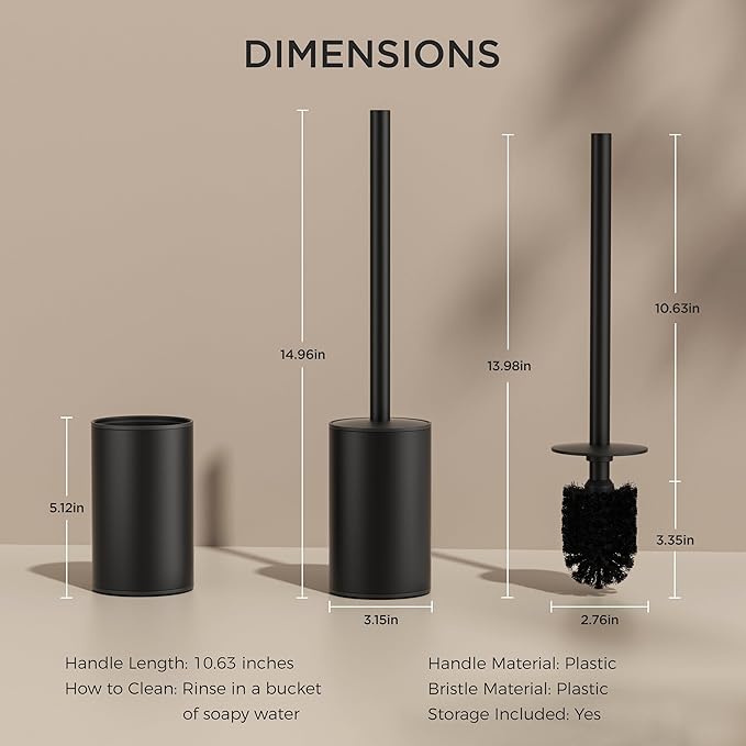 FORIOUS Toilet Brush and Holder Set, 304 Stainless Steel Heavy Duty Base and Handle for Bathroom Deep Cleaning, Toilet Bowl Cleaners Brush with Holder, Space Saving for Storage (1, Matte Black)