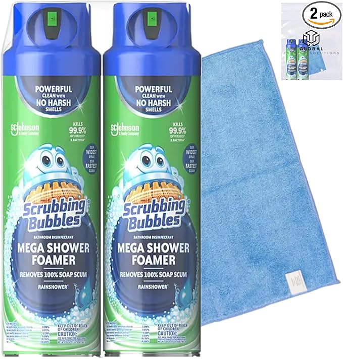 Scrubbing Multi Surface Mega Shower Foamer Aerosol Spray 20oz (Pack of 2) for Soap Scum & Grime Rainshower Scent Kills 99.9% of Viruses and Bacteria bundled with Microfiber Cleaning Cloth