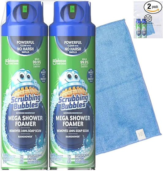 Scrubbing Multi Surface Mega Shower Foamer Aerosol Spray 20oz (Pack of 2) for Soap Scum & Grime Rainshower Scent Kills 99.9% of Viruses and Bacteria bundled with Microfiber Cleaning Cloth