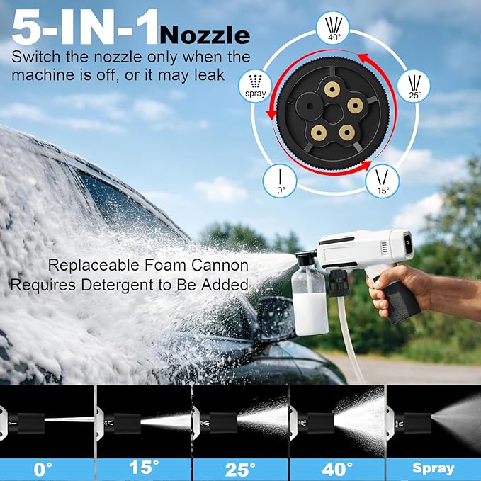 Cordless Portable Washer, Handheld Washer for Car Home Outdoor Patio Garden,Battery Operated Washer with 5-in-1 Swivel Nozzle & 16.5FT Hose.