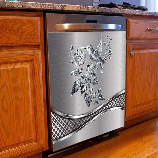 Magnetic Dishwasher Stickers Cover for Front Door,Brushed Silver Stainless Steel Design Bird and Flower Pattern Refrigerator Magnetic Cover Kitchen Decor,Home Appliance Vinyl Sticker 23W x 26H inchs