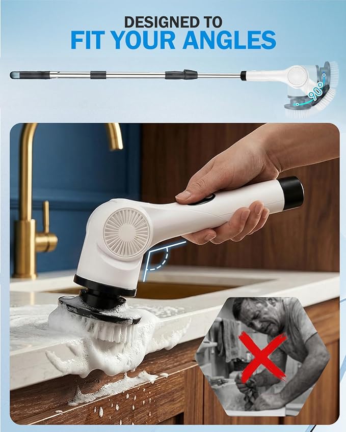 Electric Spin Scrubber, 3-Speed Cordless Shower Scrubber with Long Handle & 10 Replaceable Brush Heads, 90 Mins Runtime & Full-Body IPX7 Waterproof Shower Cleaner Brush for Bathroom Kithchen