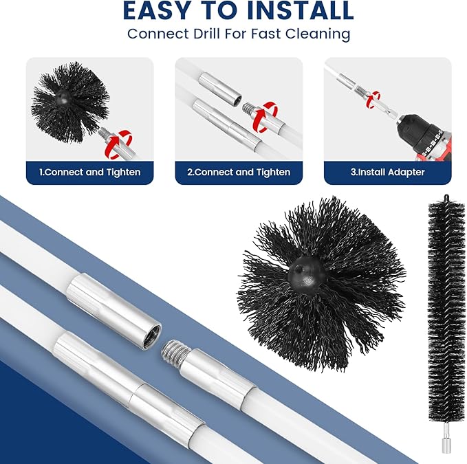 HOKLNUSE Dryer Vent Cleaner Kit Ducts Cleaning Kit for Dryer Air Duct HVAC Vent Fireplace Chimney Pellet Stove Gutter Downspout Dryer Vent Lint Removers with 1.5" 4" 6" Brush Heads (20 Feet)