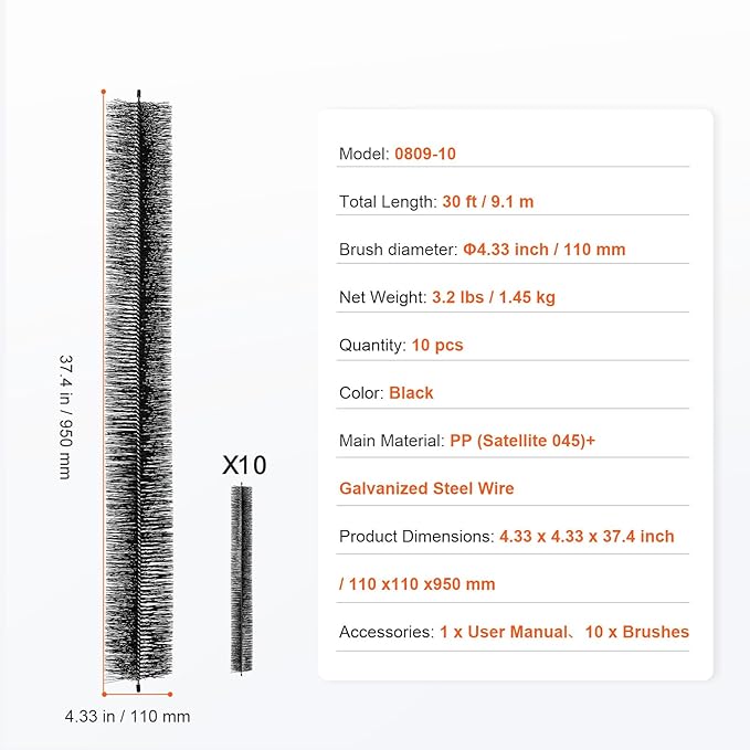 Happybuy 30 Feet Gutter Brush, 4.33" Diameter Gutter Cleaning Tools, Leaf Guard for 5" Gutters, Ground-Level Debris Removal, 10-Pack, Polypropylene & Galvanized Steel