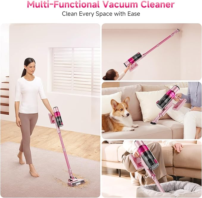 Cordless Vacuum Cleaner: Portable 6-in-1 Stick Vacuum with Anti-Tangle Brush, LED Headlight, Self-Standing, HD Display, Rechargeable Vacuum for Pet Hair, Low-Pile Carpet and Hardwood Floor-Dark Pink