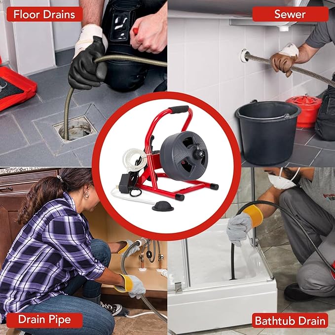 Drain Cleaner Machine 50Ft x 5/16 Inch, Electric Drain Auger Professional, Foot Switch with 6 Cutters, Glove, Drain Auger Cleaner Sewer Snake for 3/4 to 3 Inch Pipes