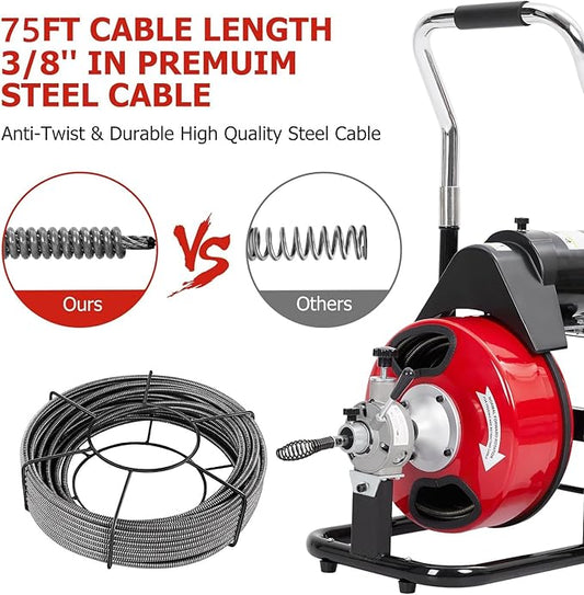 75Ft x 3/8Inch Drain Cleaner Machine, Portable Electric Drain Auger Cleaner with 6 Cutters & Gloves, Drain Cleaning Machine Fits 1" to 4" Pipes