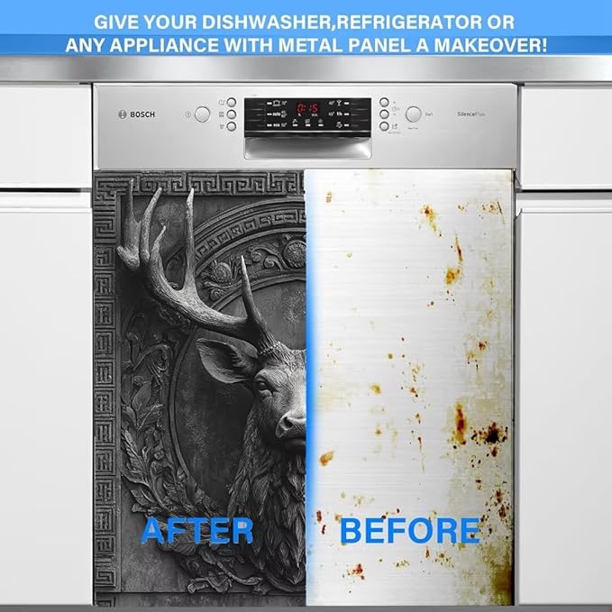 3D Deer Head Dishwasher Full Door Sticker, Gray Stone Flower Carving Refrigerator Cover for Home Appliance, Animal Deer Vinyl Decal for Dishwasher (23" x 26" Ordinary)