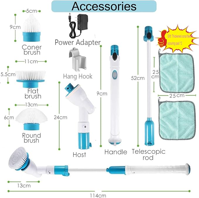 Electric Spin Scrubber,Cordless Power Tub and Tile Scrubber,3 Replaceable Plastic Cleaner Scrubber Brush Head,45-Inch Extension Arm Ideal for Tub,Tile,Floor,Toilet,Grout,Baseboard Cleaning Tool
