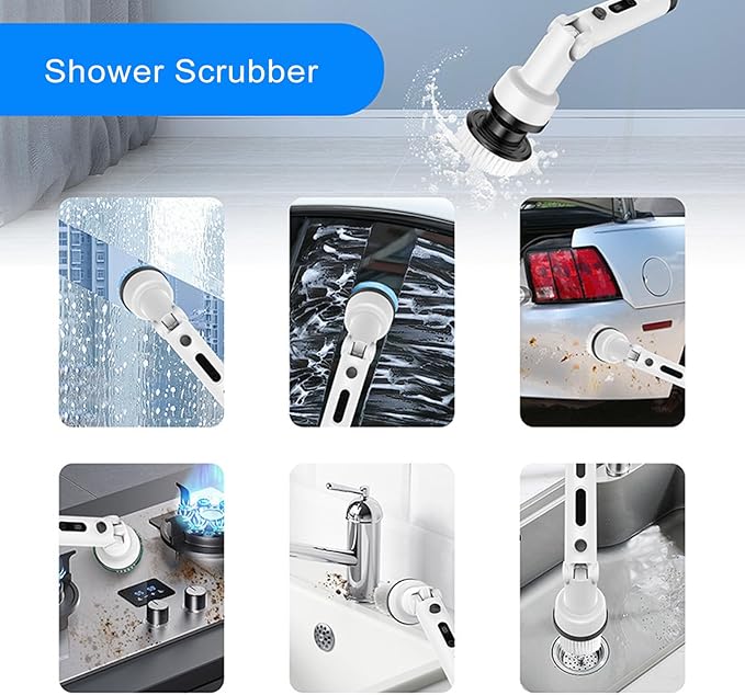 ZJchao Electric Scrubber for Cleaning, Bathroom Cleaning Supplies, Water Proof Cordless with 9pcs Brush Heads and Telescopic Handle for Floors, Bathroom, Kitchen (White)