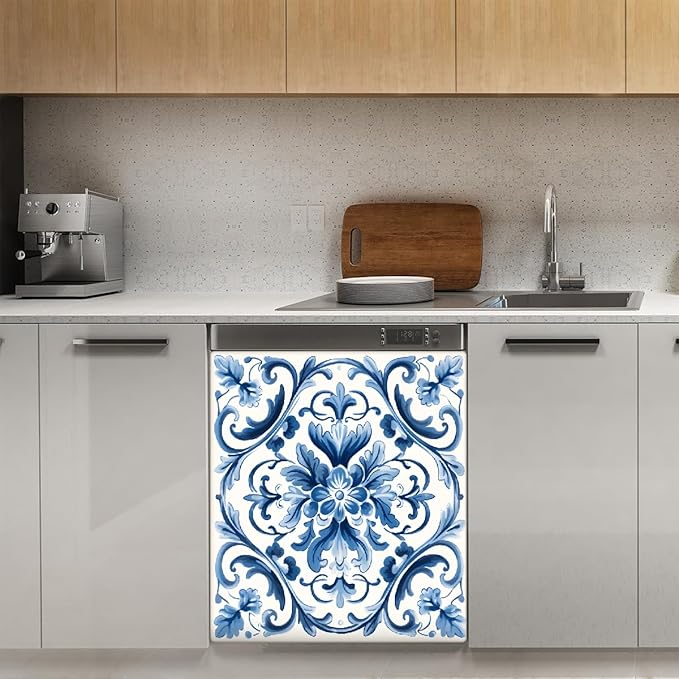 Dishwasher Magnet Cover Blue Flower Paisley Reusable Dishwasher Magnetic Cover Sticker Decorative Dish Washer Door Cover Panel for Home Kitcen Appliance, 21x26 in