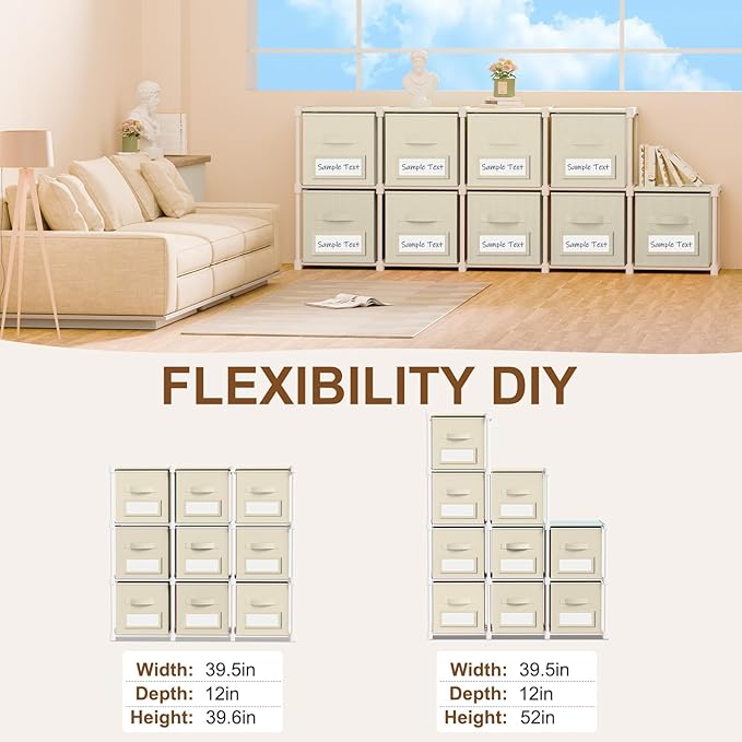 Geelin 9 Sets Cube Storage Organizer Bins with Shelf & Labels 11 Inch, Fabric Collapsible Cubby Toys Clothes Storage Drawer Unit for Daycare Nursery Playroom Bedroom Dorm Organizer (Khaki)