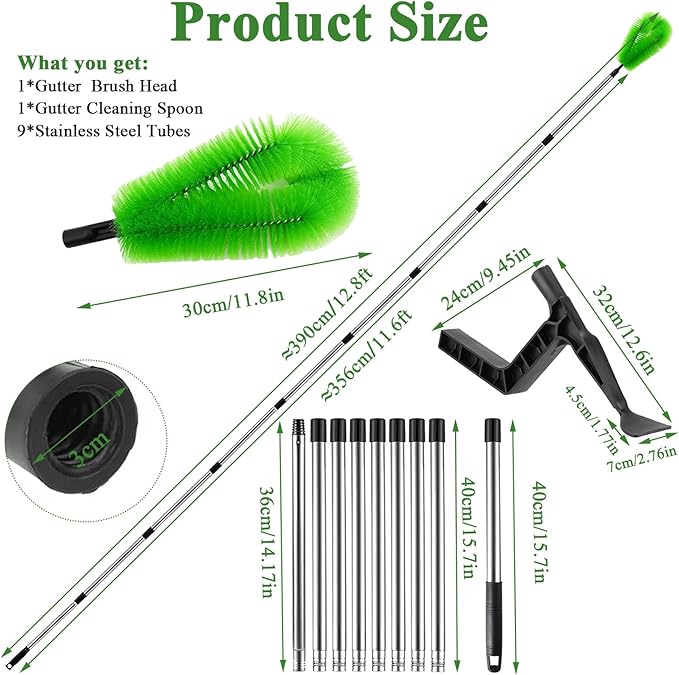 2 in 1 Gutter Cleaning Tools 12.8FT Adjustable Gutter Cleaning Tools from The Ground Gutter Cleaner Scoop Multi-Functional Gutter Cleaner Brush Easily Clear Roof Leaves Debris Roof Gutters